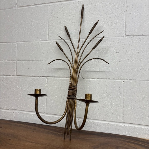 Vintage Brass Cattails Wall Double Candle Holder Sconce - Picture 2 of 10